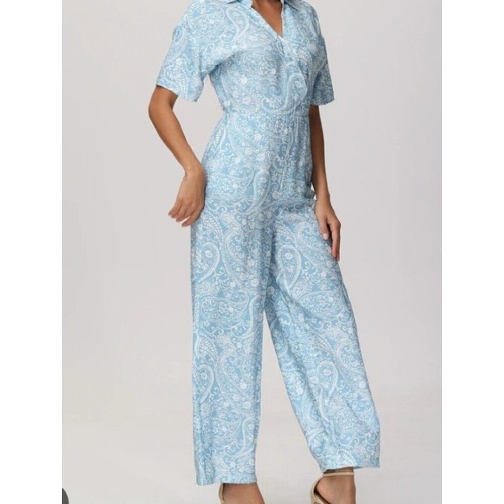 89th + MADISON blue Paisley print Wide Leg vacation cute preppy Jumpsuit L NWT